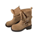 Damen Leder Stiefeletten mit dekorativem Riemen und robustem Blockabsatz