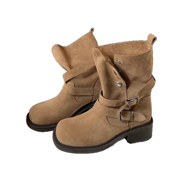 Damen Leder Stiefeletten mit dekorativem Riemen und robustem Blockabsatz
