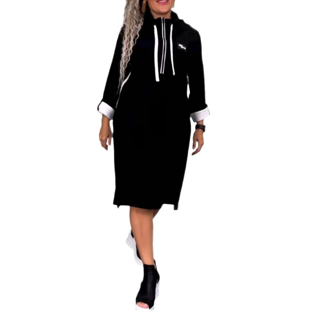 Damen nan Hoodie-Midikleid mit Kapuze, Kordelzug und krempelbaren Manschetten R&B