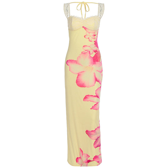Damen Elegantes Maxikleid mit floralem Oberteil und Spitzenbändern R&B