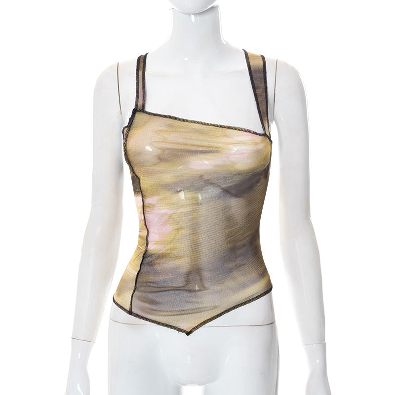 Damen elegantes Top mit asymmetrischem Schnitt und transparentem Design R&B