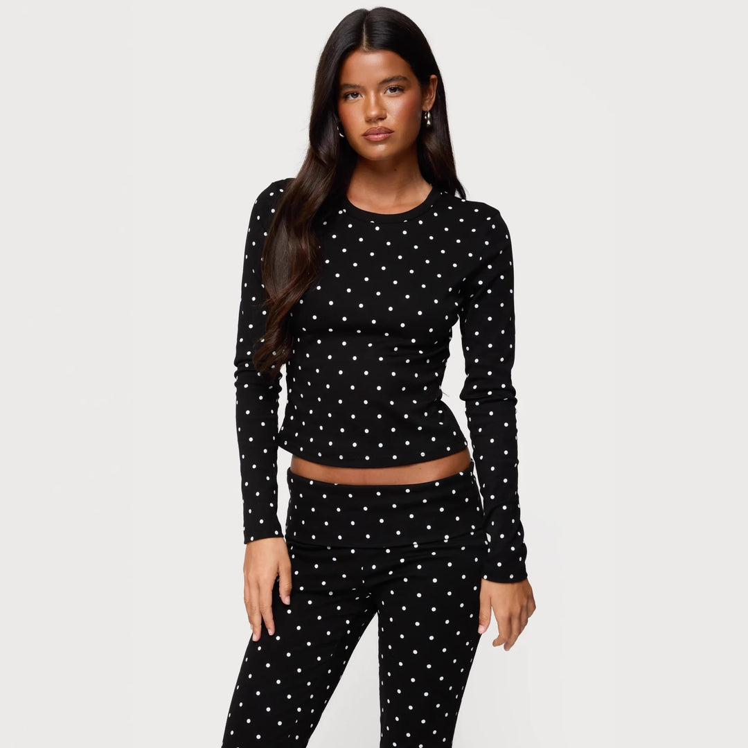 Damen Langärmliges Polka-Dots Oberteil und Leggings Set R&B