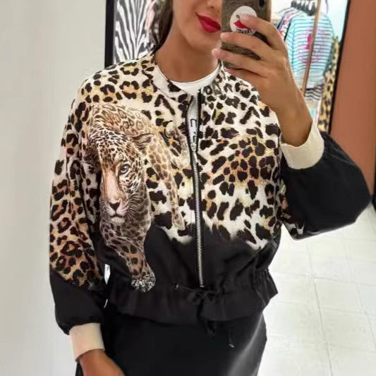 Damen entspannte Bomberjacke mit extravagantem Leoparden-Motiv R&B