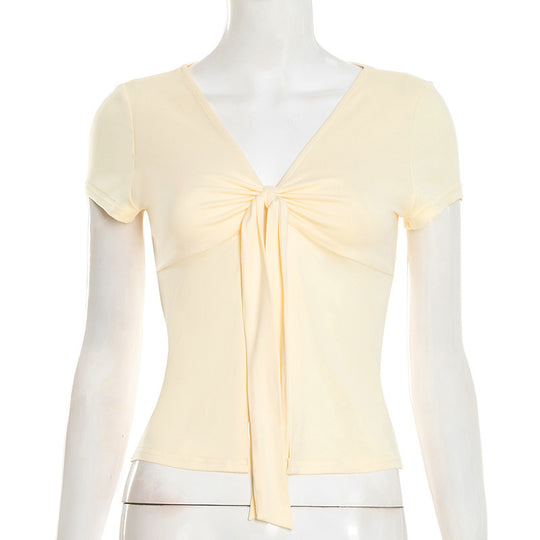 Damen elegantes Wickeloberteil mit dekorativem Knoten und tiefem V-Ausschnitt R&B