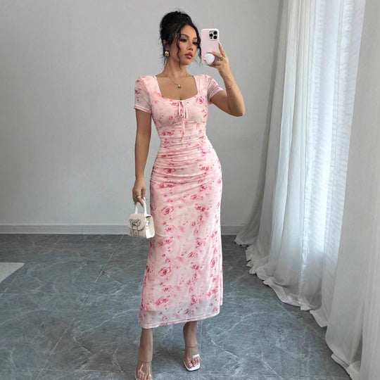Damen Midi-Kleid mit raffinierten Falten und floralem Muster R&B