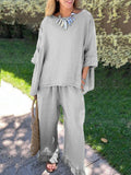 Damen lässiges Leinen-Outfit mit weitem Schnitt und angeschnittenen Ärmeln R&B