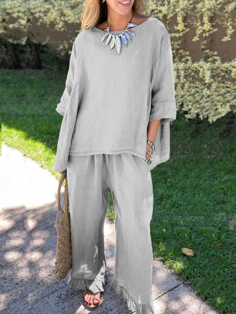 Damen lässiges Leinen-Outfit mit weitem Schnitt und angeschnittenen Ärmeln R&B