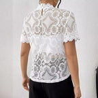 Damen nan semi-transparentes Spitzen-Top mit hohem Rüschenkragen und blickdichter Brustpartie R&B