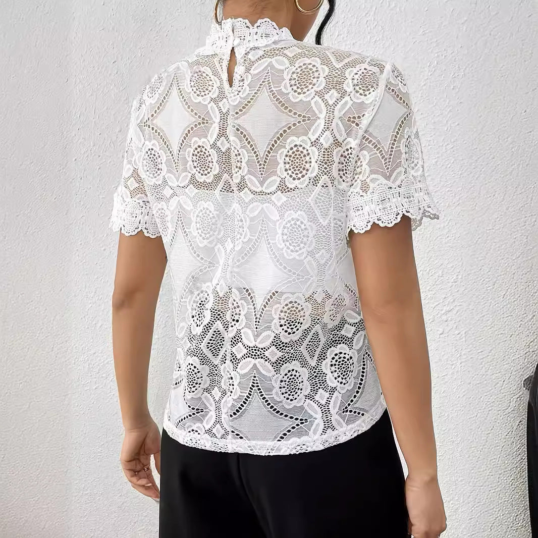 Damen nan semi-transparentes Spitzen-Top mit hohem Rüschenkragen und blickdichter Brustpartie R&B