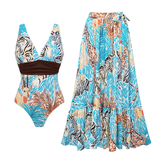 Damen Einteiler Badeanzug mit tierischem Print und eleganter Taillierung R&B