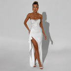 Damen Hochgeschlossenes Abendkleid mit transparentem Oberteil und seitlichem Schlitz EB