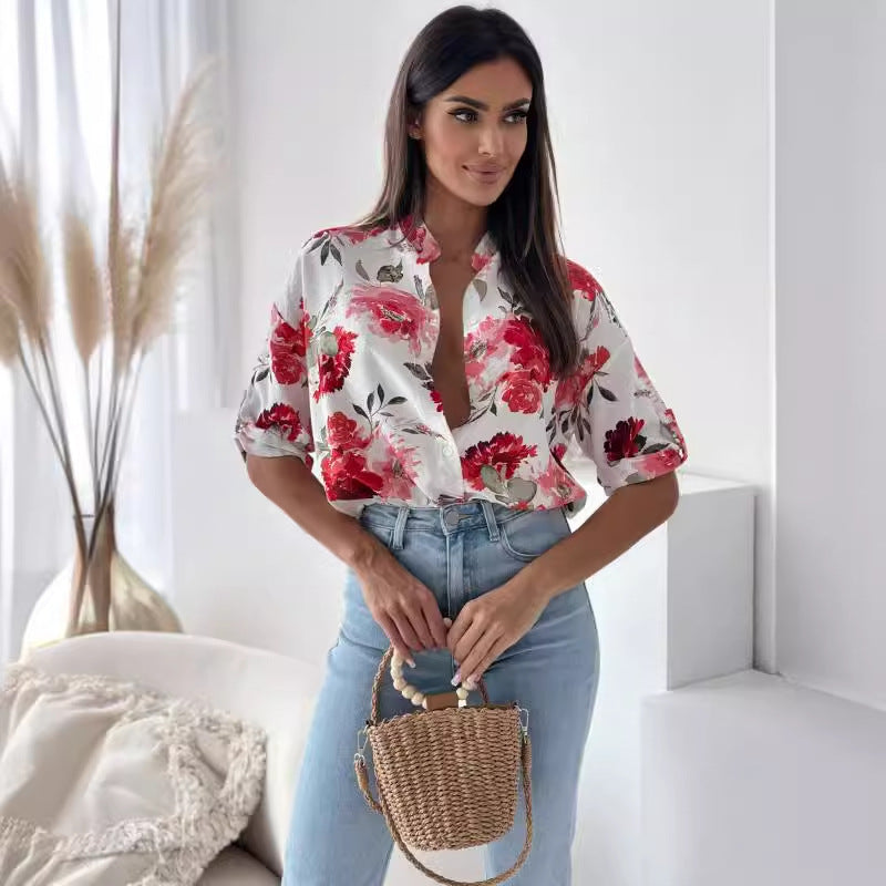 Damen Blumige Oversized Hemdbluse mit kurzen Ärmeln R&B