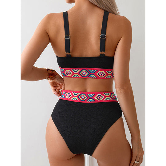 Damen Sportlicher Hochtaillen-Bikini mit buntem elastischen Bund R&B