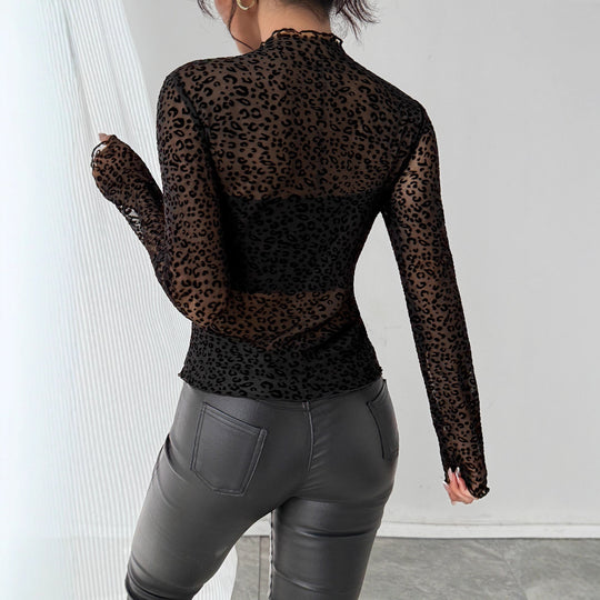 Damen Transparente Langarmbluse mit Leopardenmuster R&B