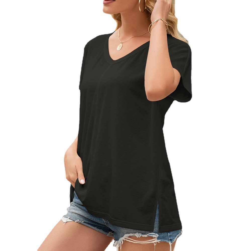 Damen V-Ausschnitt T-Shirt mit Seitenschlitzen und lockerer Passform R&B