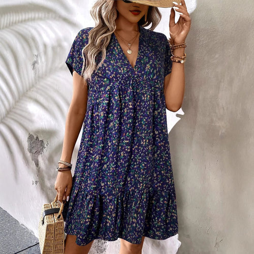 Damen Freizeitkleid mit voluminösem Rock und V-Ausschnitt R&B