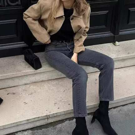 Damen Wildlederimitat Jacke mit Knopfleiste und Taschen R&B