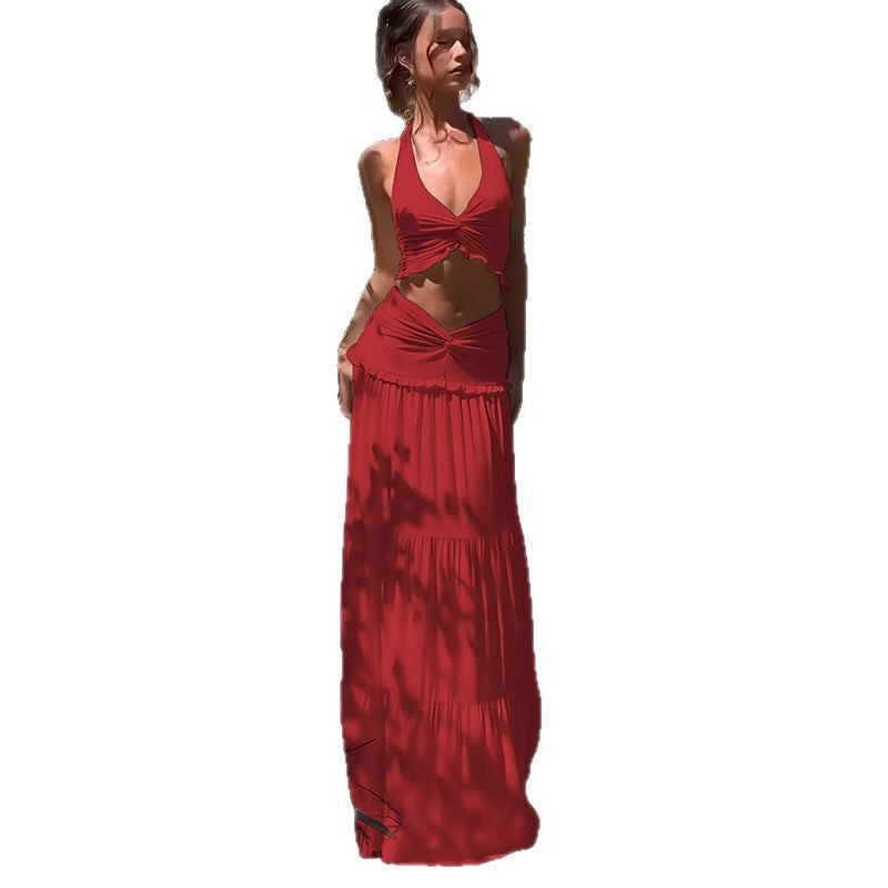 Damen Zweiteiliges Sommer-Outfit mit Knotted Top und fließendem Rock R&B