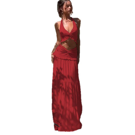 Damen Zweiteiliges Sommer-Outfit mit Knotted Top und fließendem Rock R&B