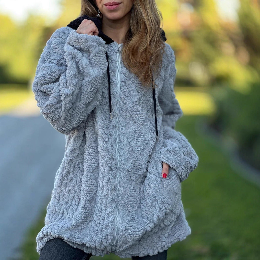 Damen Übergroße Fleecejacke mit Kapuze und Reißverschluss