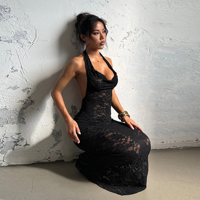 Damen Elegantes Spitzen-Maxikleid mit tiefem V-Ausschnitt und figurformendem Design R&B