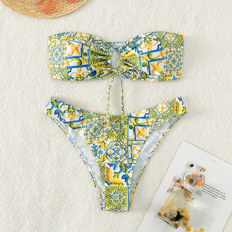 Damen Bandeau-Bikini mit raffiniertem Bindedetail und floralem Druck R&B