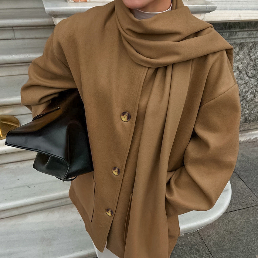 Damen modische Oversized-Jacke mit Schal und praktischen Taschen R&B