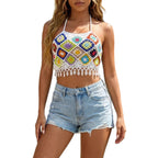 Damen gehäkeltes Crop-Top mit buntem Granny-Quadrat-Design R&B