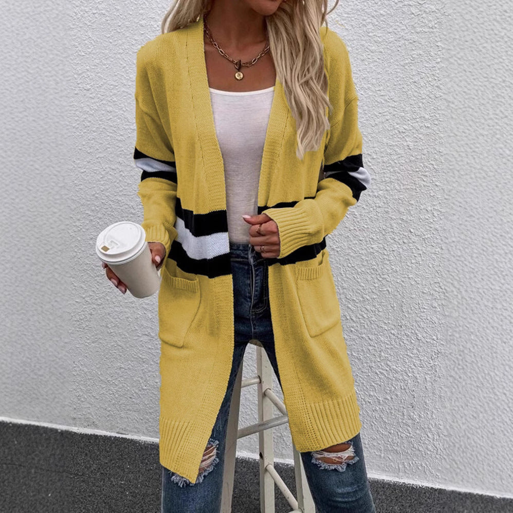 Damen Offene Strickjacke mit modernem Streifenmuster und praktischen Taschen R&B