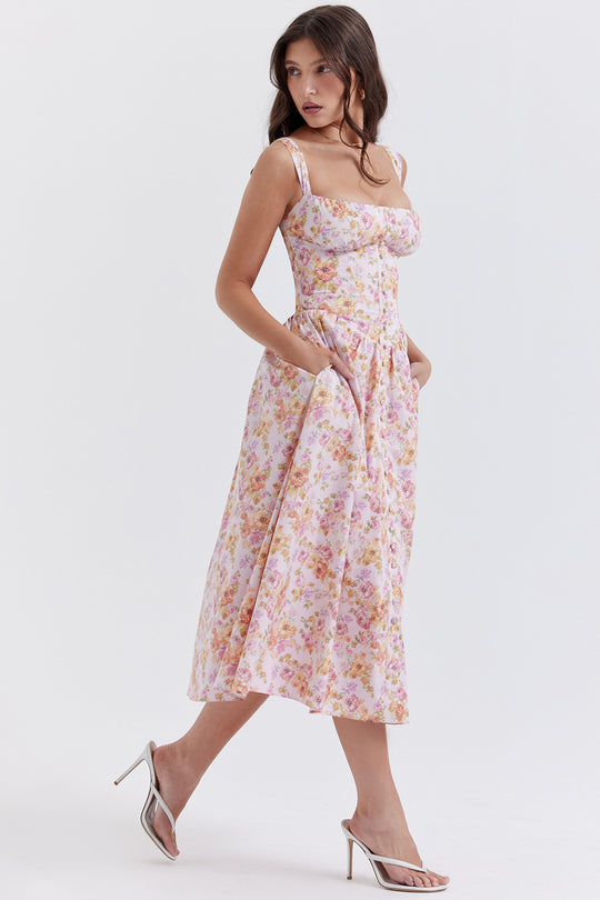 Damen Sommerliches Maxikleid mit floralen Einsätzen und tailliertem Oberteil R&B