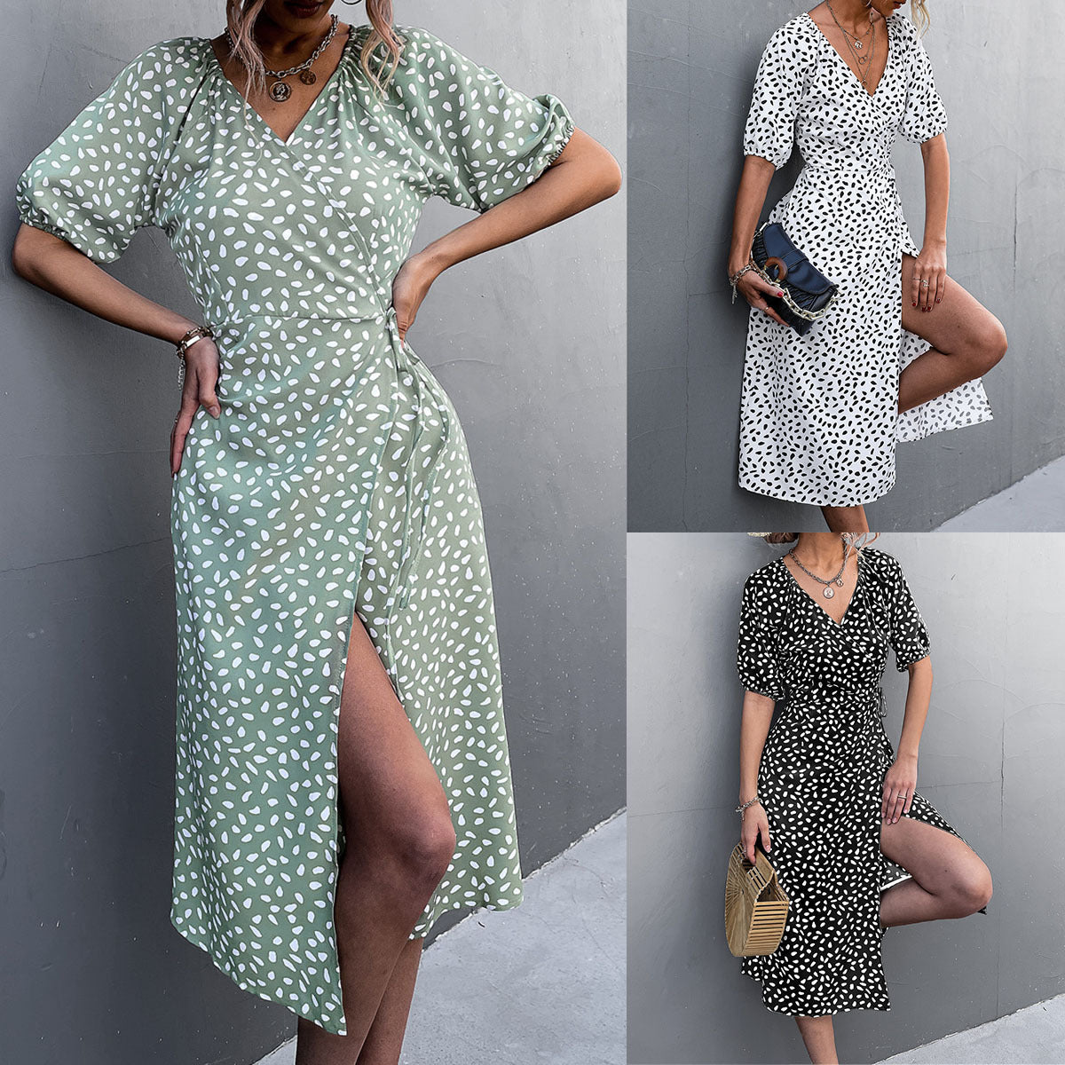 Damen Wickelkleid mit eleganten Puffärmeln und modernem Muster R&B