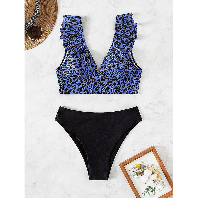 Damen Bikinioberteil mit modischem Leopardenmuster und Rüschendetails R&B