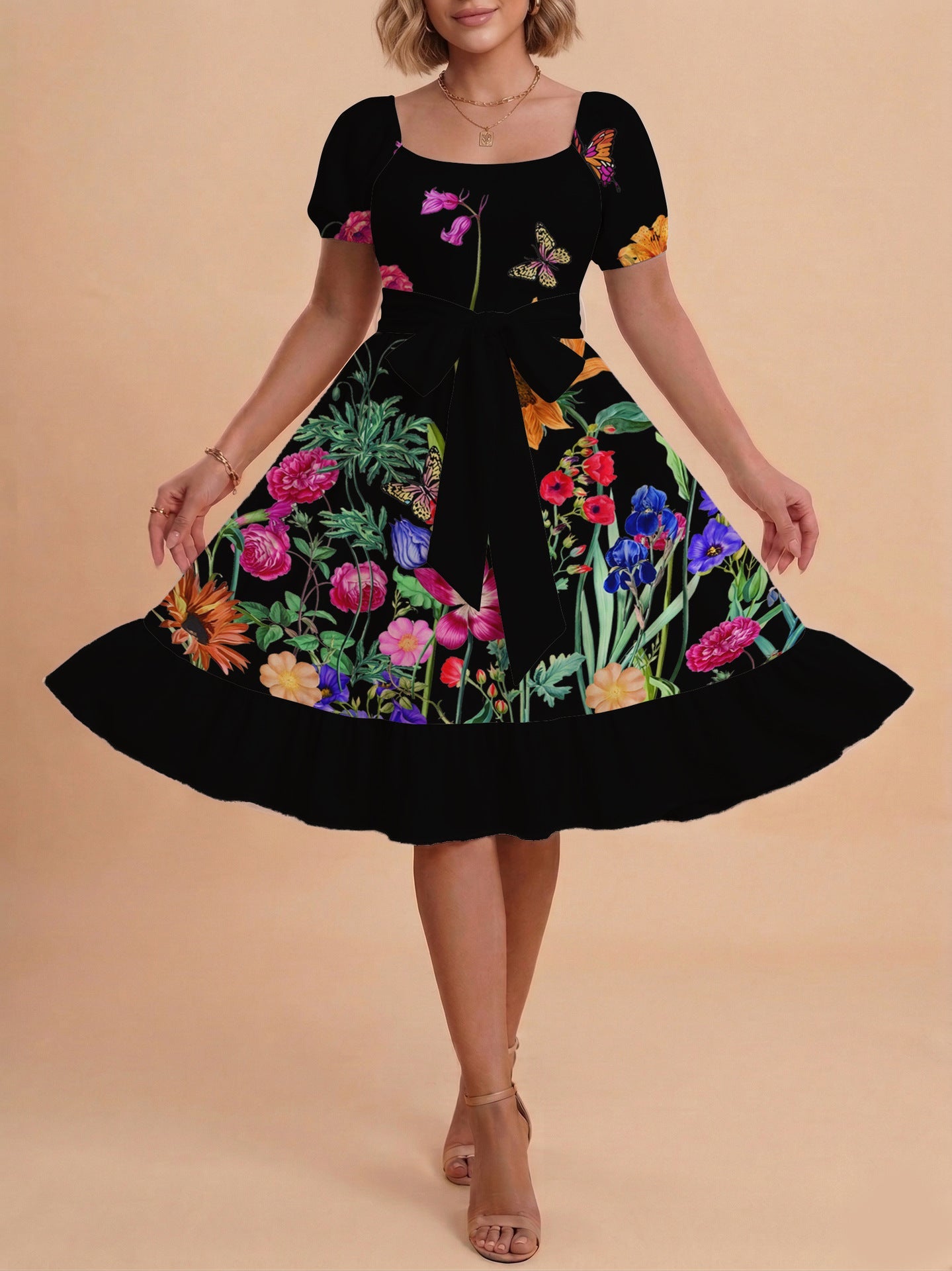 Damen schickes Glitzerkleid mit tailliertem Schnitt und Rüschensaum EB