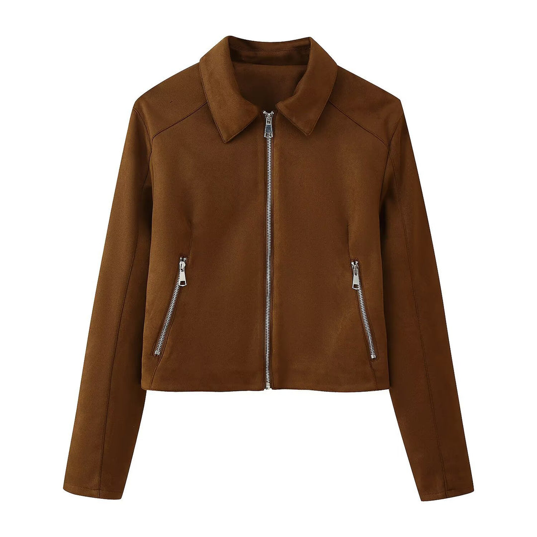Damen Trendige Kunstlederjacke mit modernen Reißverschlüssen und klassischem Kragen R&B