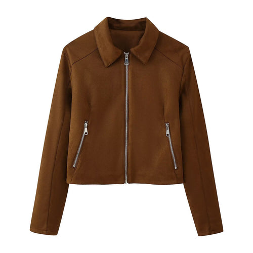 Damen Trendige Kunstlederjacke mit modernen Reißverschlüssen und klassischem Kragen R&B