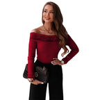 Damen Off-Shoulder Top mit Spitzenbesatz und langem Arm R&B