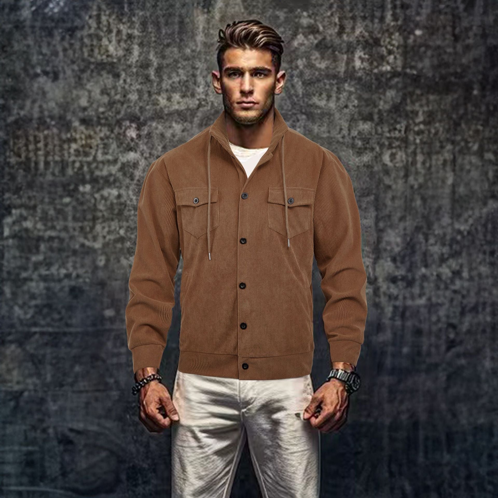 Herren lässige Cordjacke mit Kapuze und praktischen Brusttaschen R&B