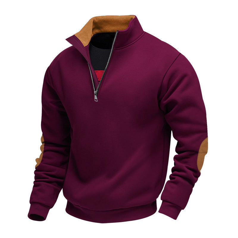 Herren nan Sweatshirt mit Halb-Reißverschluss, Stehkragen und Wildleder-Ellenbogenbesatz R&B