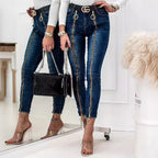 Damen High-Waist Jeans im modernen Design mit seitlichem Reißverschluss und Ring-Details