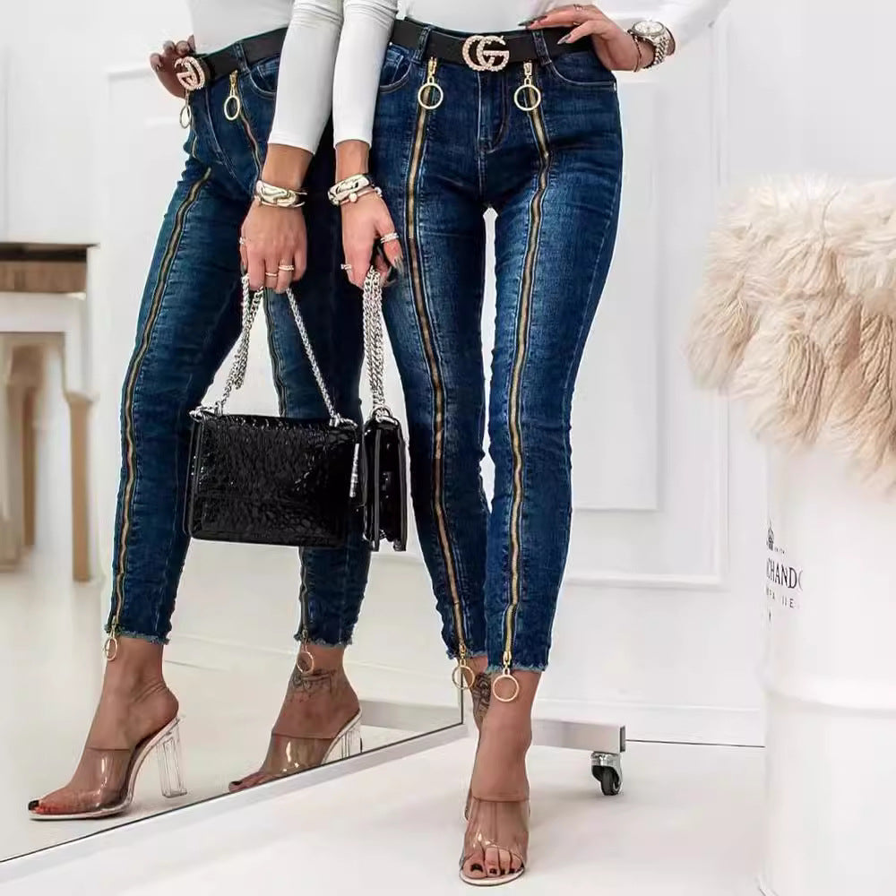 Damen High-Waist Jeans im modernen Design mit seitlichem Reißverschluss und Ring-Details