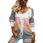 Damen Grobstrick Pullover mit Kapuze und modischem Linienmuster R&B