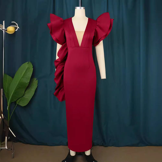 Damen figurumspielendes Abendkleid mit voluminösen Rüschenärmeln R&B