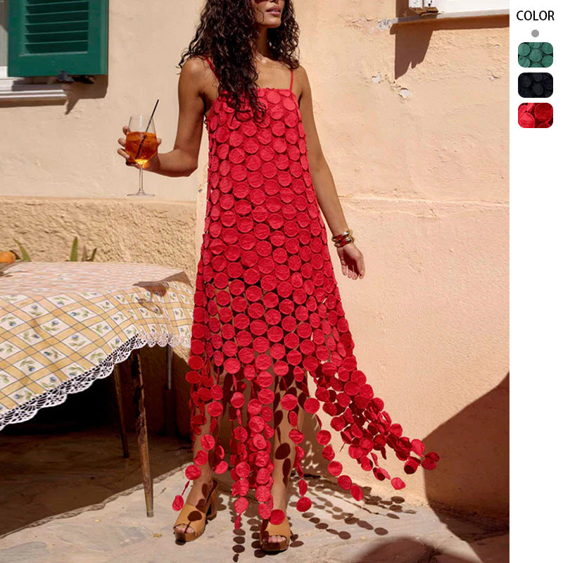 Damen Maxikleid mit dekorativen Häkelapplikationen und seitlichen Schlitzen R&B