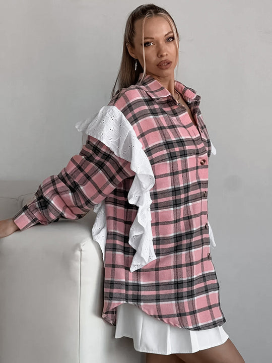 Damen Freizeitbluse mit Rüschenakzenten und Karomuster R&B