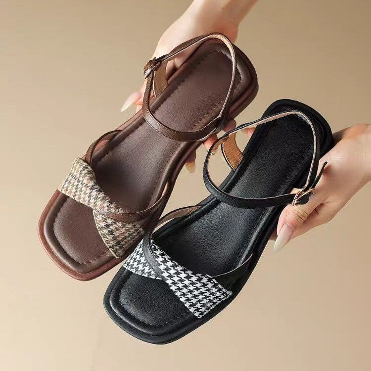 Damen modische Riemchen-Sandalen mit stilvollem Karomuster und komfortablem Blockabsatz