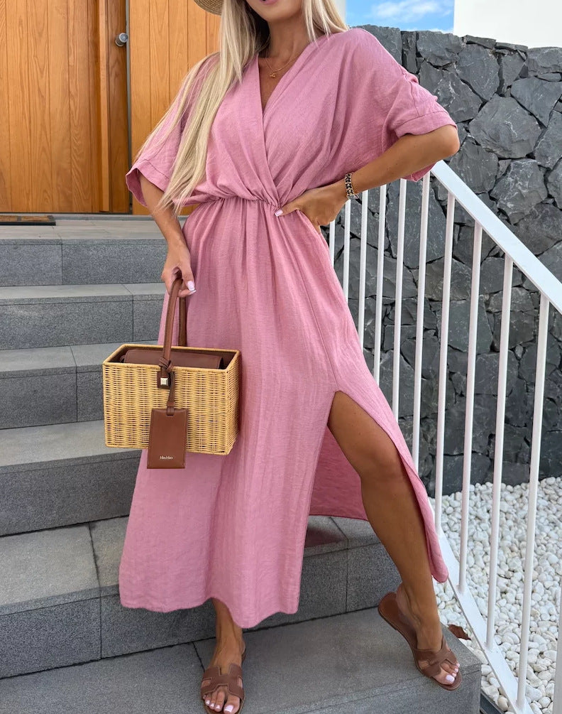 Damen lässiges Maxi-Kleid mit tiefem V-Ausschnitt und elastischem Taillenbund R&B