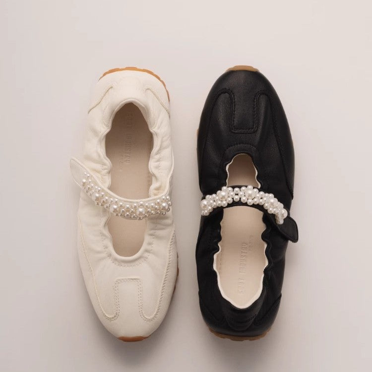 Damen Schnürschuhe mit dekorativem Perlenriemen und sportlicher Sohle