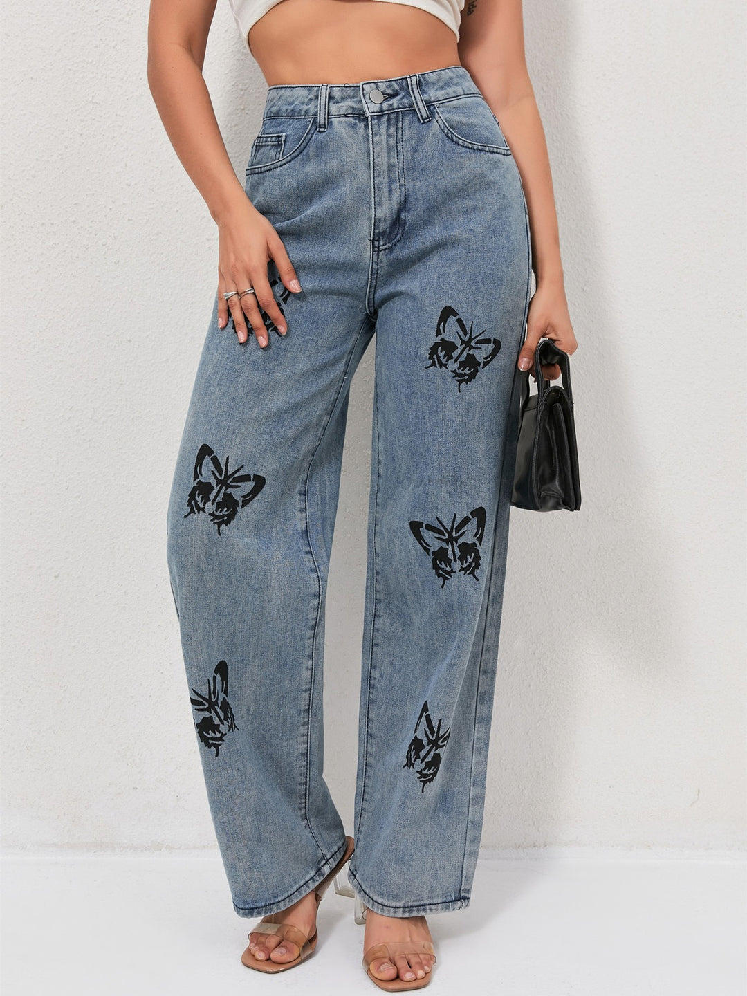 Damen Weite Jeans mit auffälligen Schmetterlings-Prints R&B