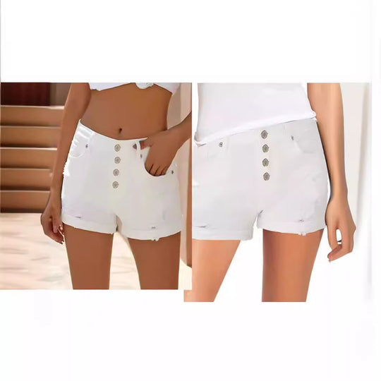 Damen modische High-Waist Denim-Shorts mit Knopfdetails und ausgefranstem Saum R&B