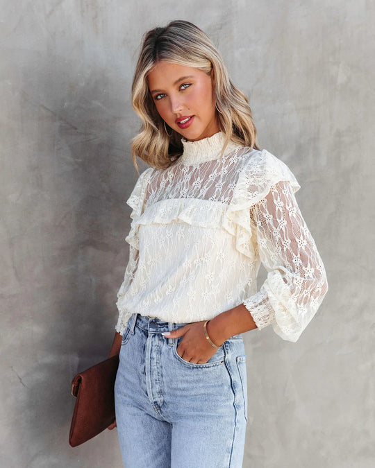 Damen Spitzenbluse mit Rüschendetails und elegantem Stehkragen R&B